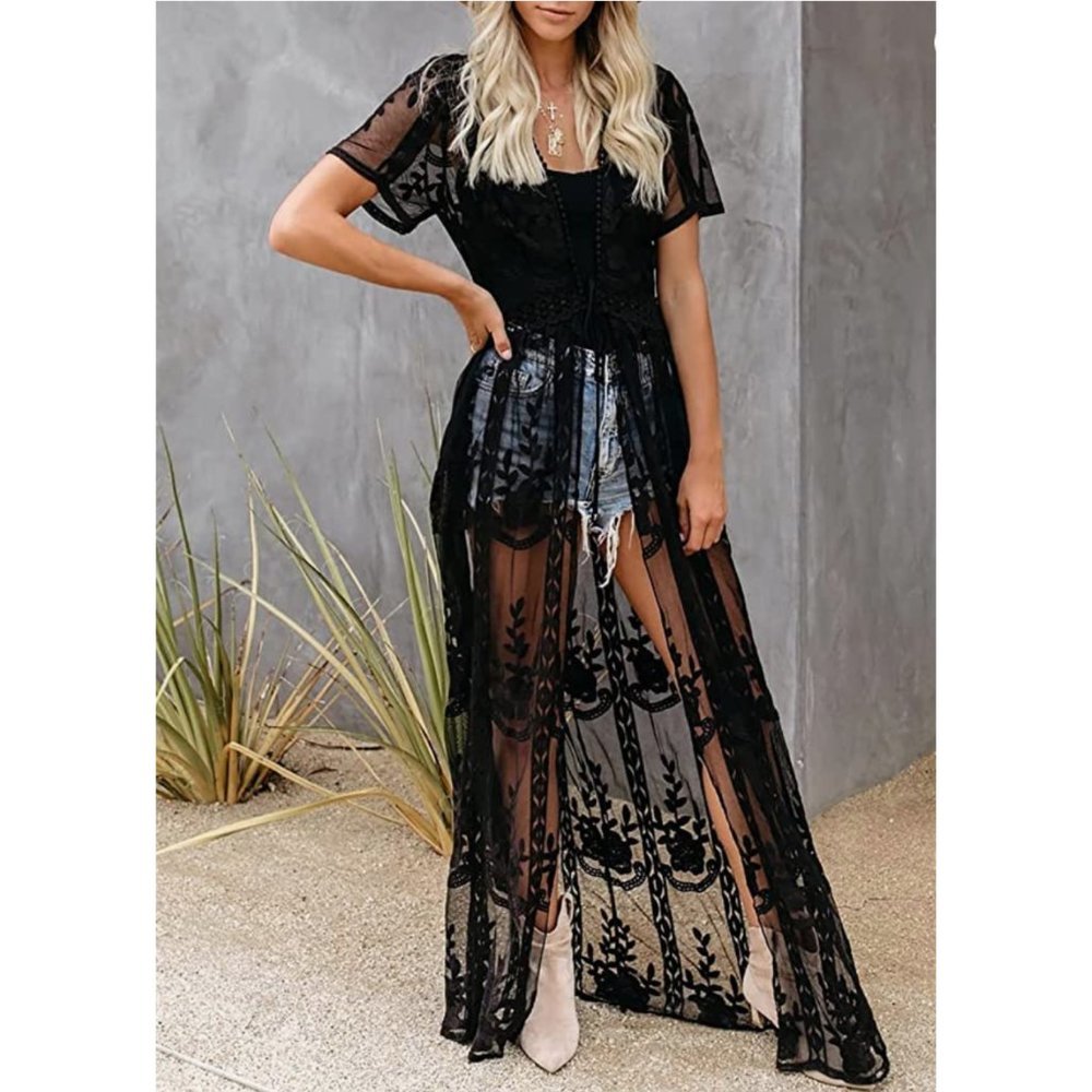Black Crochet Knit Lace Open Face Short Sleeve Kimono Cardigan Duster Coverup - Picture 3 of 6